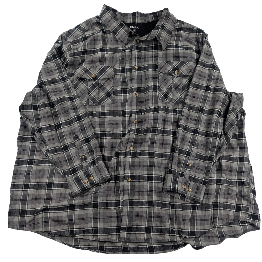KingSize Mens 6XL Long Sleeve Flannel Shirt Grey Black Plaid Button Down Pocket